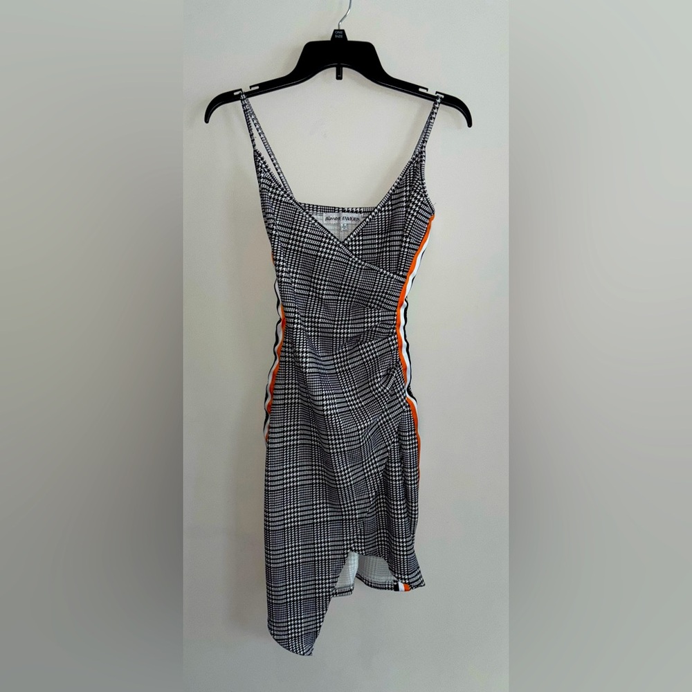 Plaid Asymmetrical Bodycon Dress with Orange,White, and Black Stripes